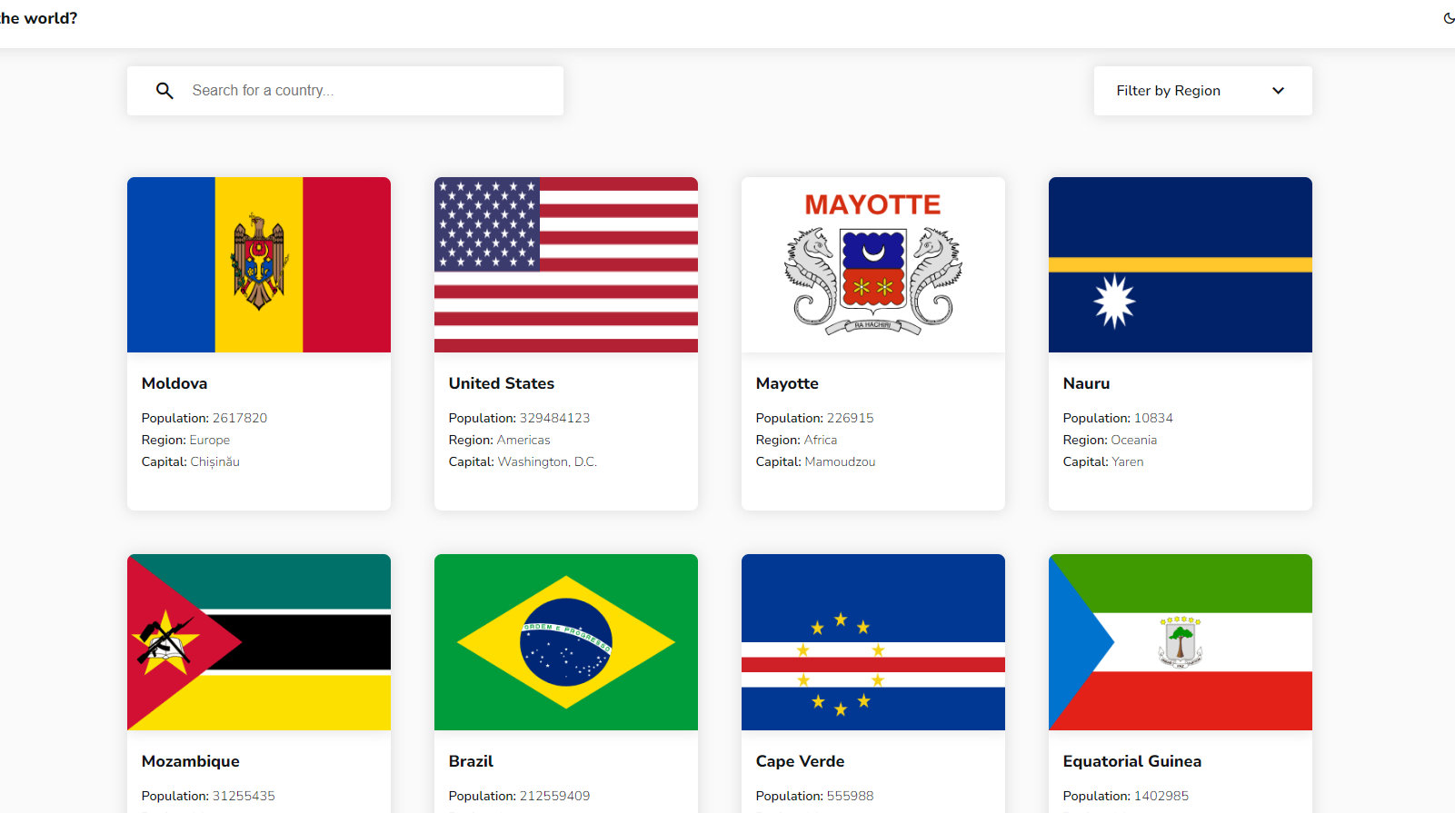 screenshot of a web page showing a list of countries with info