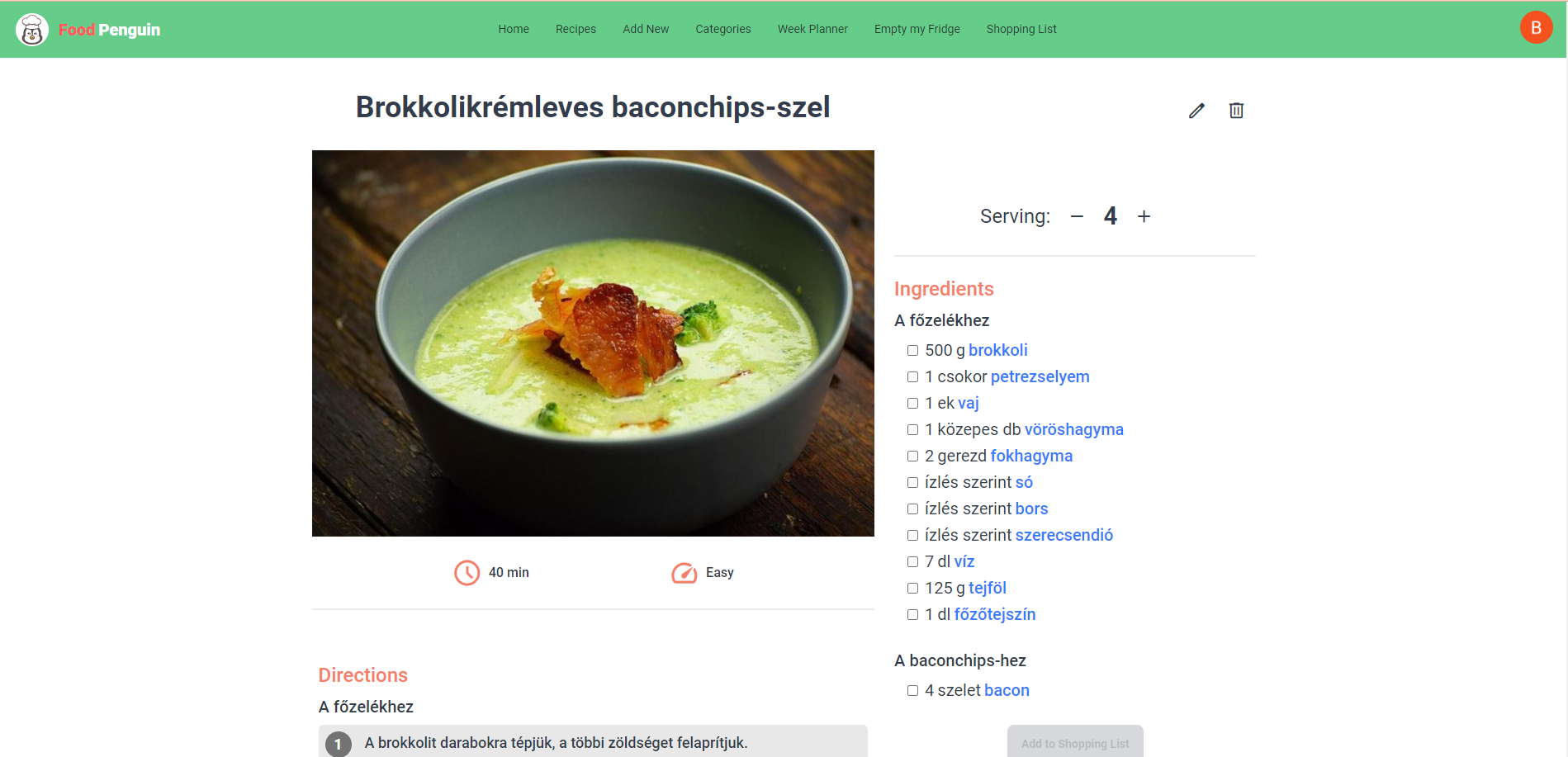 screenshot of a website showing a recipe for a broccoli soup